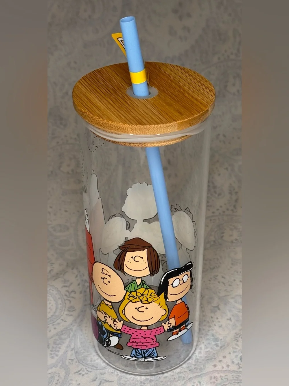 Peanuts Woodstock, Snoopy, Gang Glass Tumbler with Bamboo Lid Blue Plastic Straw